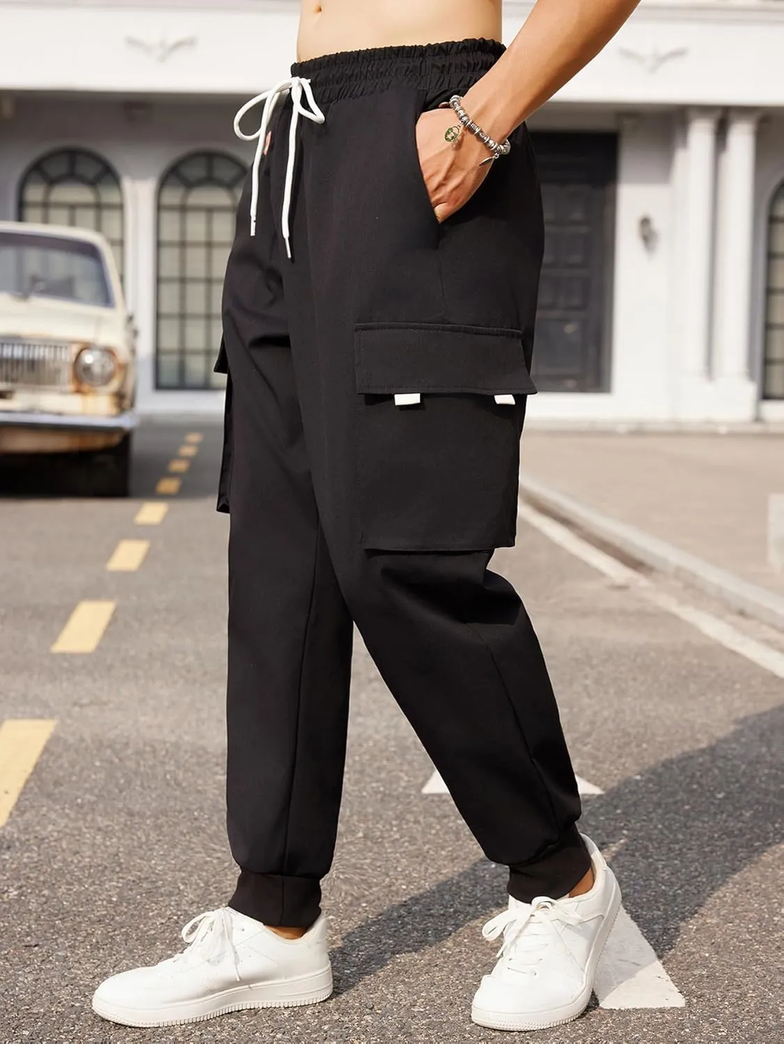 OYOANGLE Men's Casual Drawstring Elastic Waist Flap Pocket Letter Graphic Street Jogger Cargo Pants