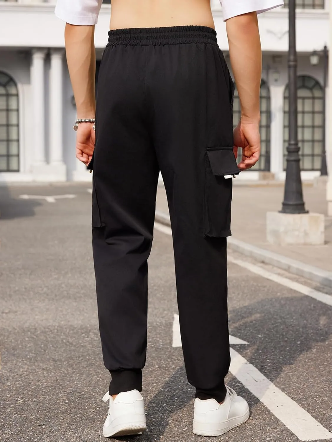 OYOANGLE Men's Casual Drawstring Elastic Waist Flap Pocket Letter Graphic Street Jogger Cargo Pants