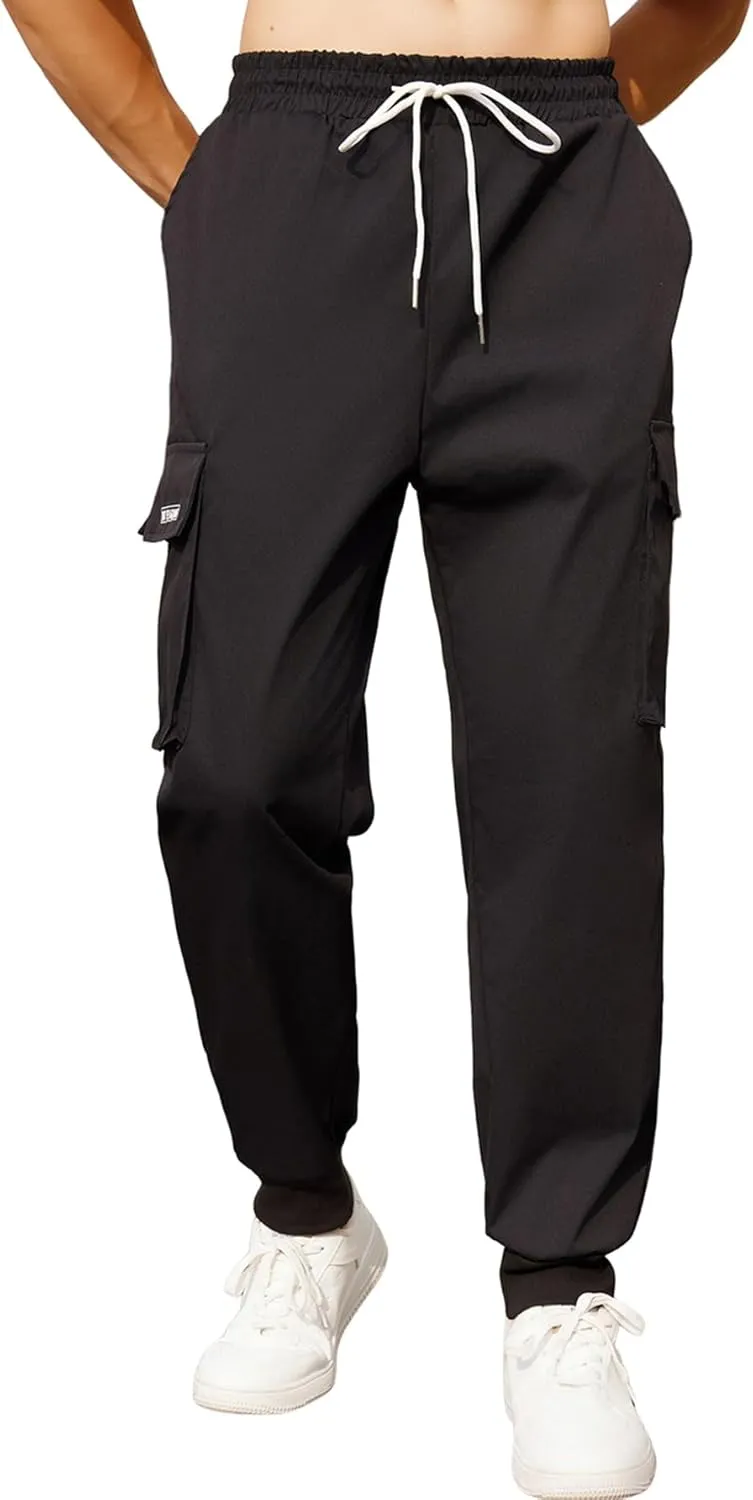 OYOANGLE Men's Casual Drawstring Elastic Waist Flap Pocket Letter Graphic Street Jogger Cargo Pants