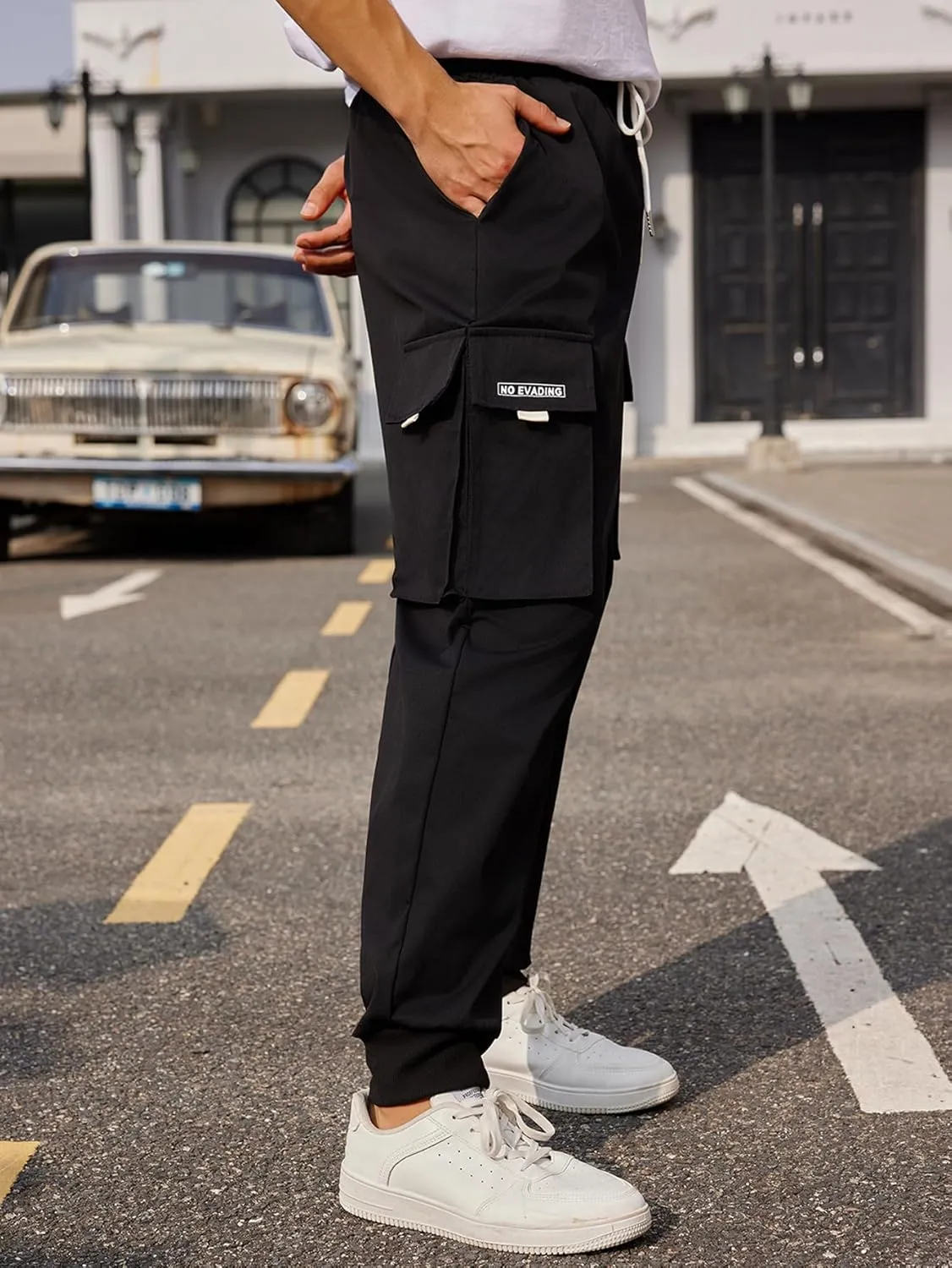 OYOANGLE Men's Casual Drawstring Elastic Waist Flap Pocket Letter Graphic Street Jogger Cargo Pants