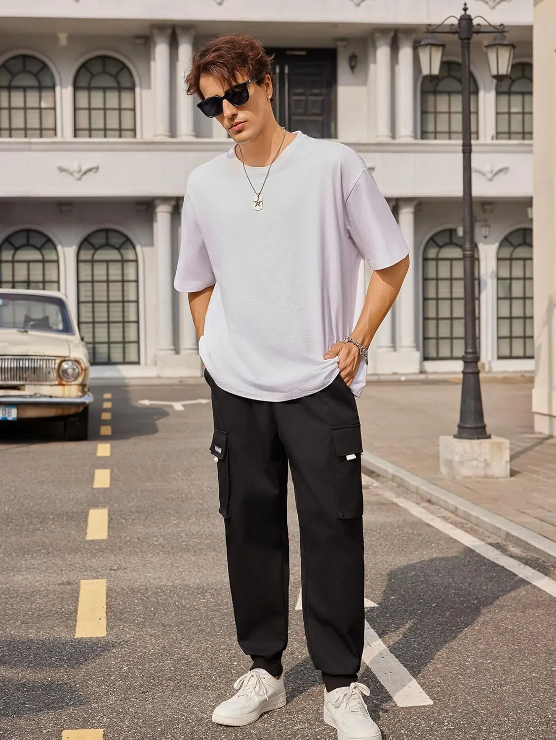 OYOANGLE Men's Casual Drawstring Elastic Waist Flap Pocket Letter Graphic Street Jogger Cargo Pants