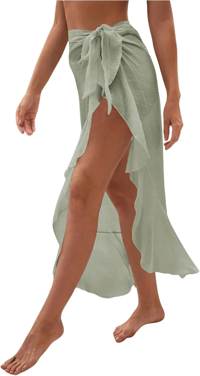 OYOANGLE Women's Mesh Sheer Swimsuit Cover Up Ruffle Tie Side Beach Sarong Wrap Long Skirt