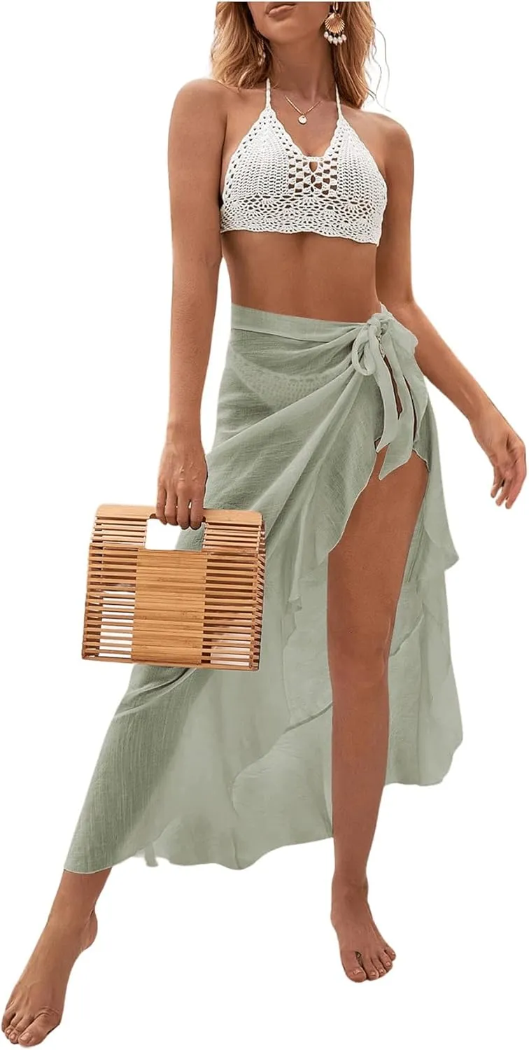 OYOANGLE Women's Mesh Sheer Swimsuit Cover Up Ruffle Tie Side Beach Sarong Wrap Long Skirt