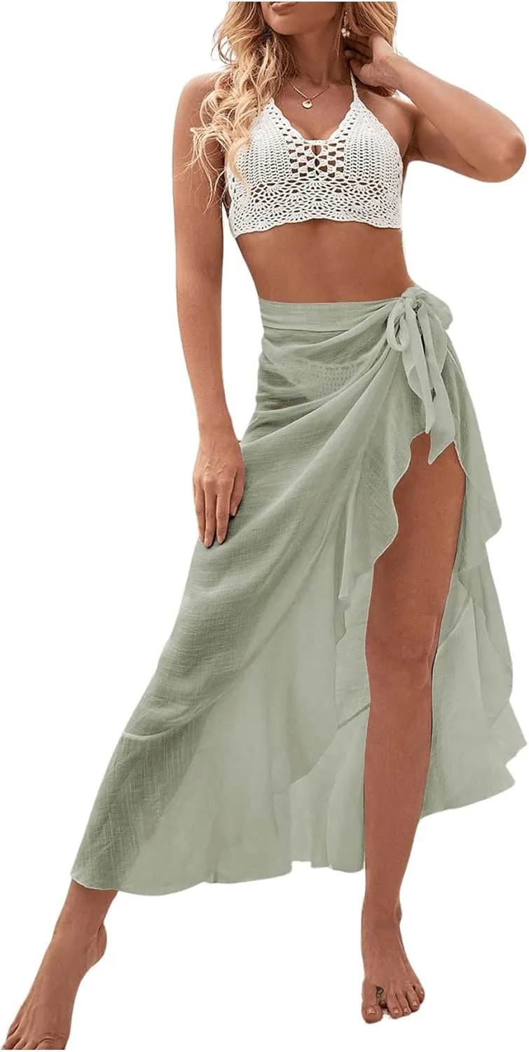 OYOANGLE Women's Mesh Sheer Swimsuit Cover Up Ruffle Tie Side Beach Sarong Wrap Long Skirt