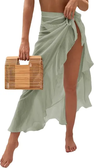 OYOANGLE Women's Mesh Sheer Swimsuit Cover Up Ruffle Tie Side Beach Sarong Wrap Long Skirt