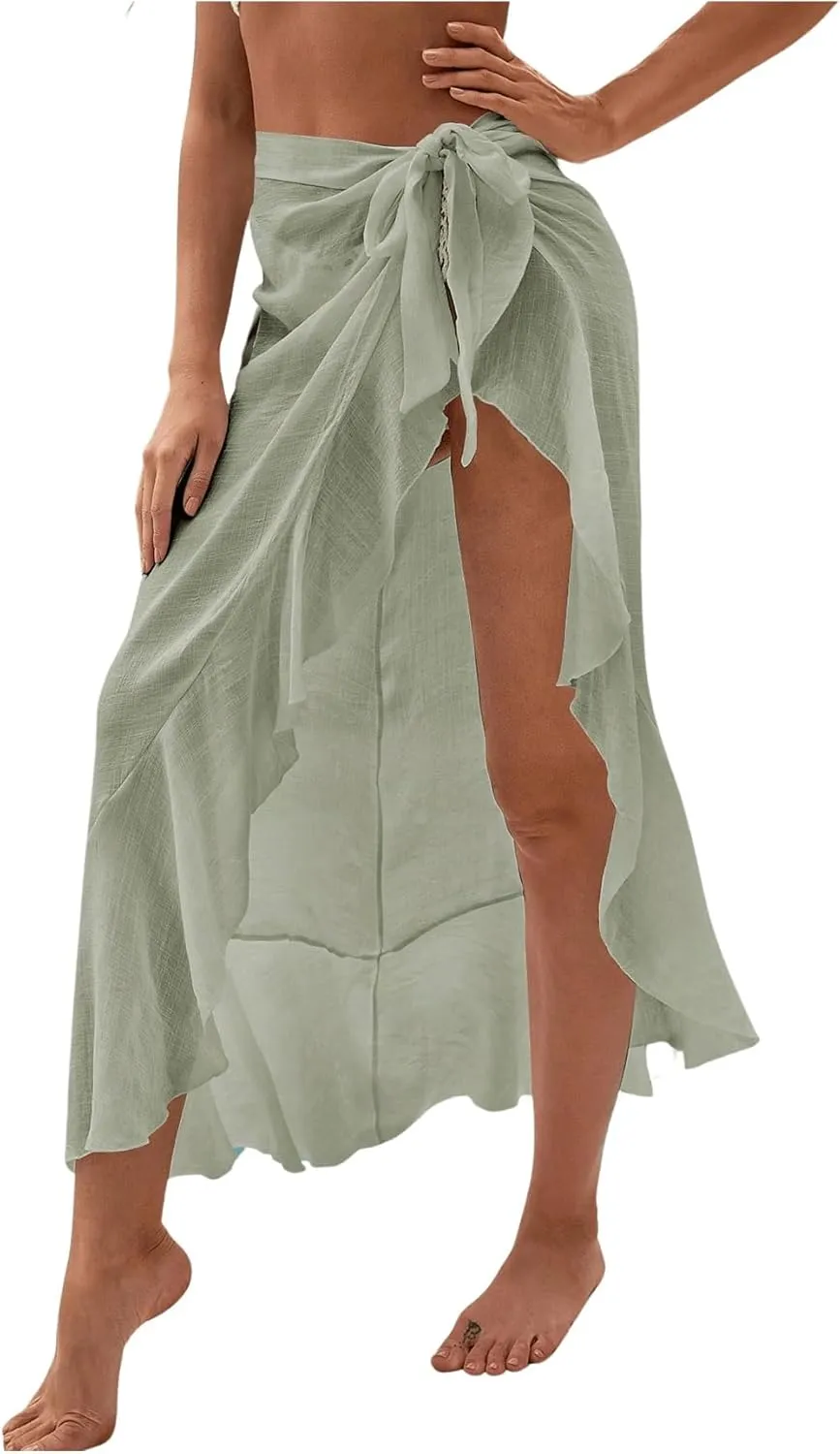 OYOANGLE Women's Mesh Sheer Swimsuit Cover Up Ruffle Tie Side Beach Sarong Wrap Long Skirt