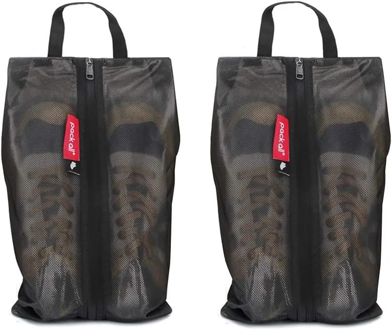 pack all Shoe Bag for Travel, Water-Resistant Shoe Pouch for Gym, Odor-Resistant Soccer Cleats Bag for Sport (Black, 2-Pack)