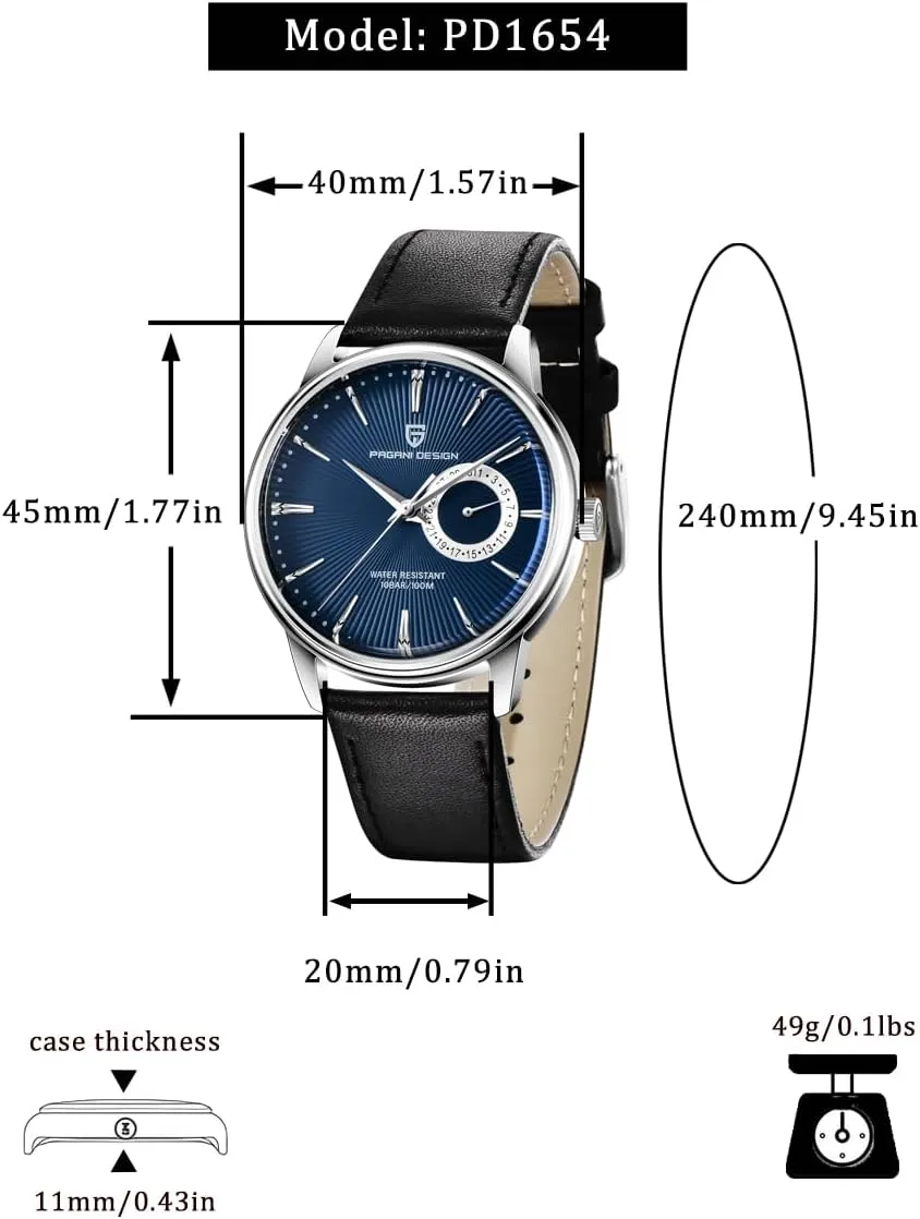 Pagani Design Men's Minimalist Quartz Watch, Casual Watches for Men, 40mm Case, Leather Strap, 100m Water Resistant, Date Display, Japanese Movement(VH65)