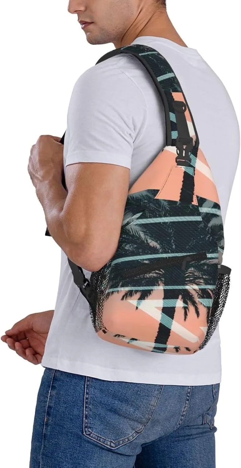 Palm Tree With Beautiful Sunset Behind Chest Sling Bag Crossbody Shoulder Backpack Bag Gym Cycling Travel Hiking Daypack Cross Bag