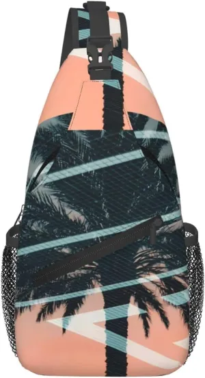 Palm Tree With Beautiful Sunset Behind Chest Sling Bag Crossbody Shoulder Backpack Bag Gym Cycling Travel Hiking Daypack Cross Bag
