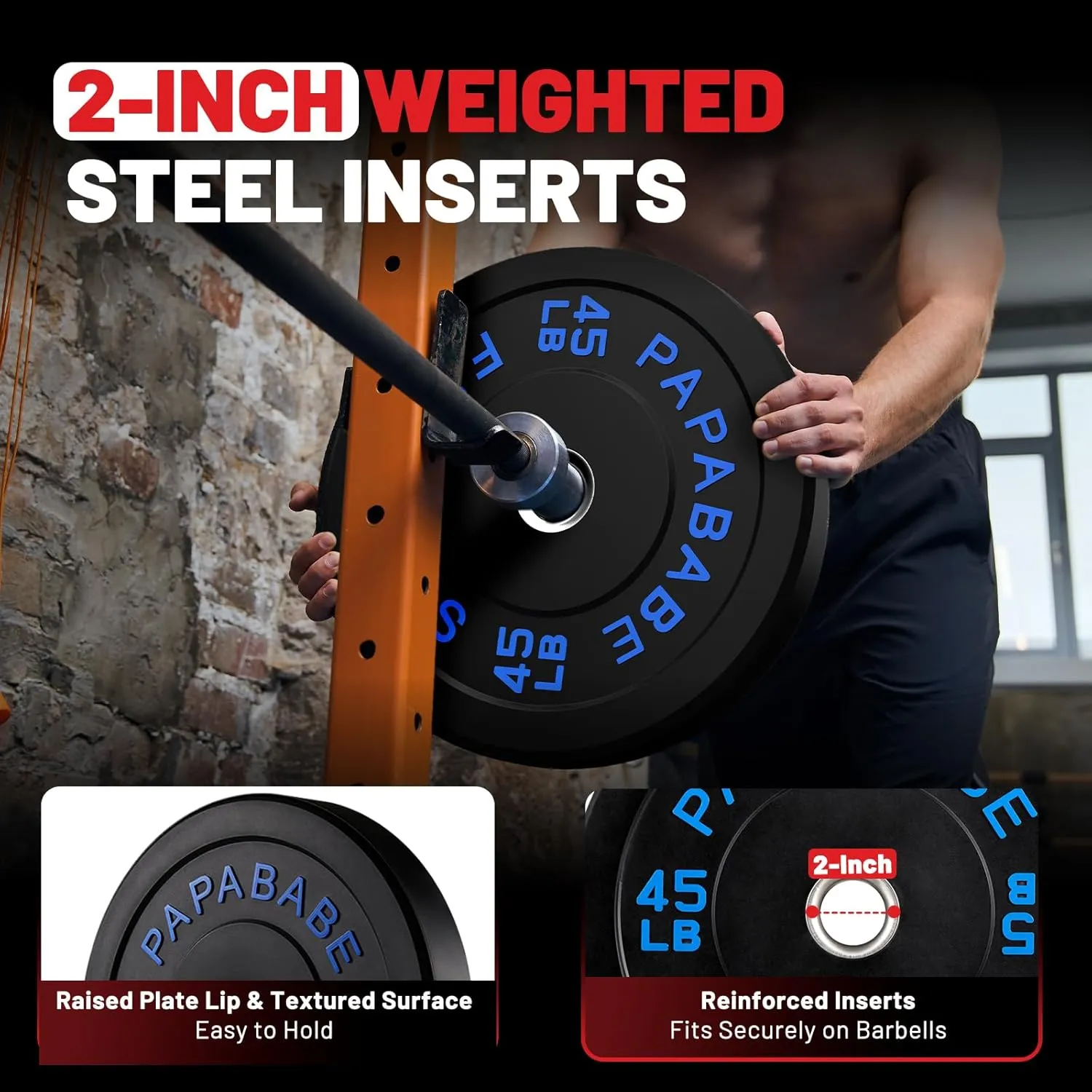 Papababe Bumper Plates 10-410lb Olympic Barbell Weight Plates Set - 2 Inch Steel Hub Rubber Weights for Strength Training & Weightlifting (IWF Standard, Single/Pair/Sets)