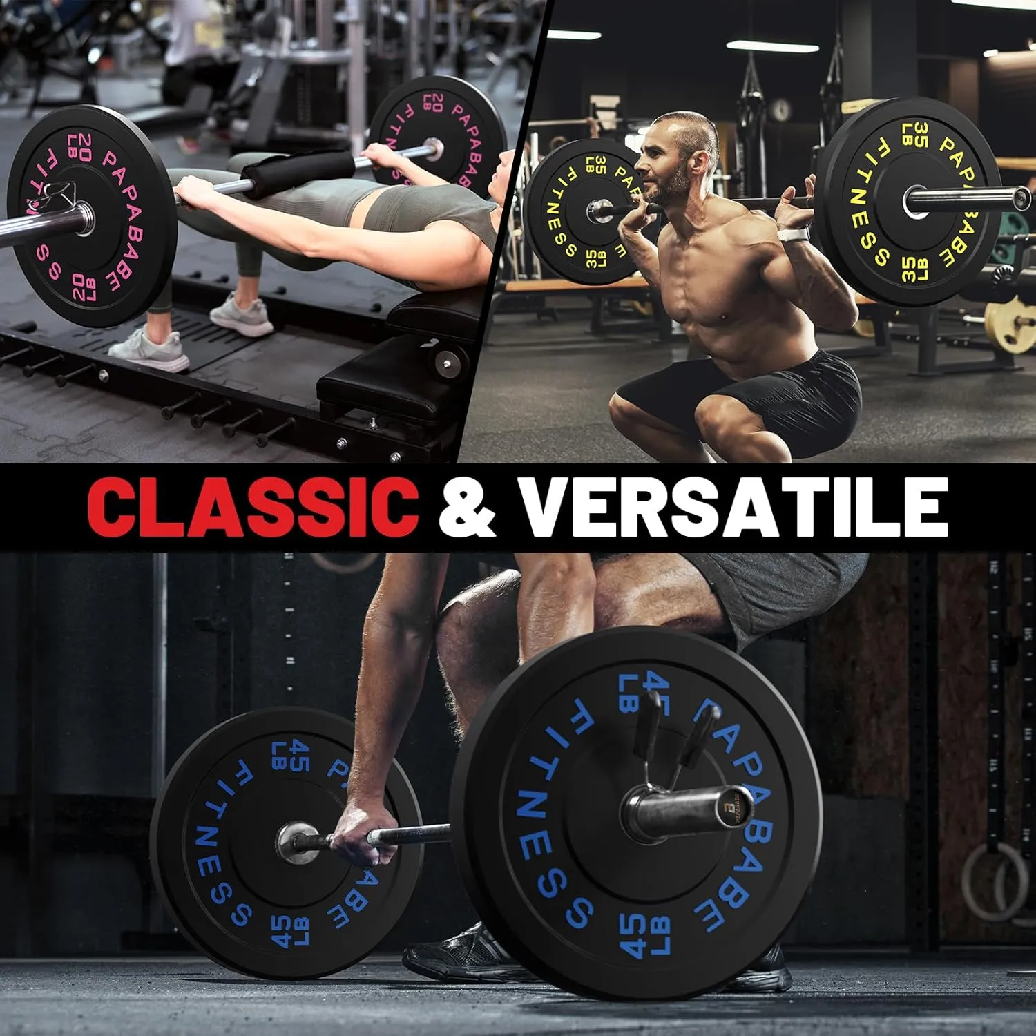 Papababe Bumper Plates 10-410lb Olympic Barbell Weight Plates Set - 2 Inch Steel Hub Rubber Weights for Strength Training & Weightlifting (IWF Standard, Single/Pair/Sets)
