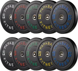 Papababe Bumper Plates 10-410lb Olympic Barbell Weight Plates Set - 2 Inch Steel Hub Rubber Weights for Strength Training & Weightlifting (IWF Standard, Single/Pair/Sets)