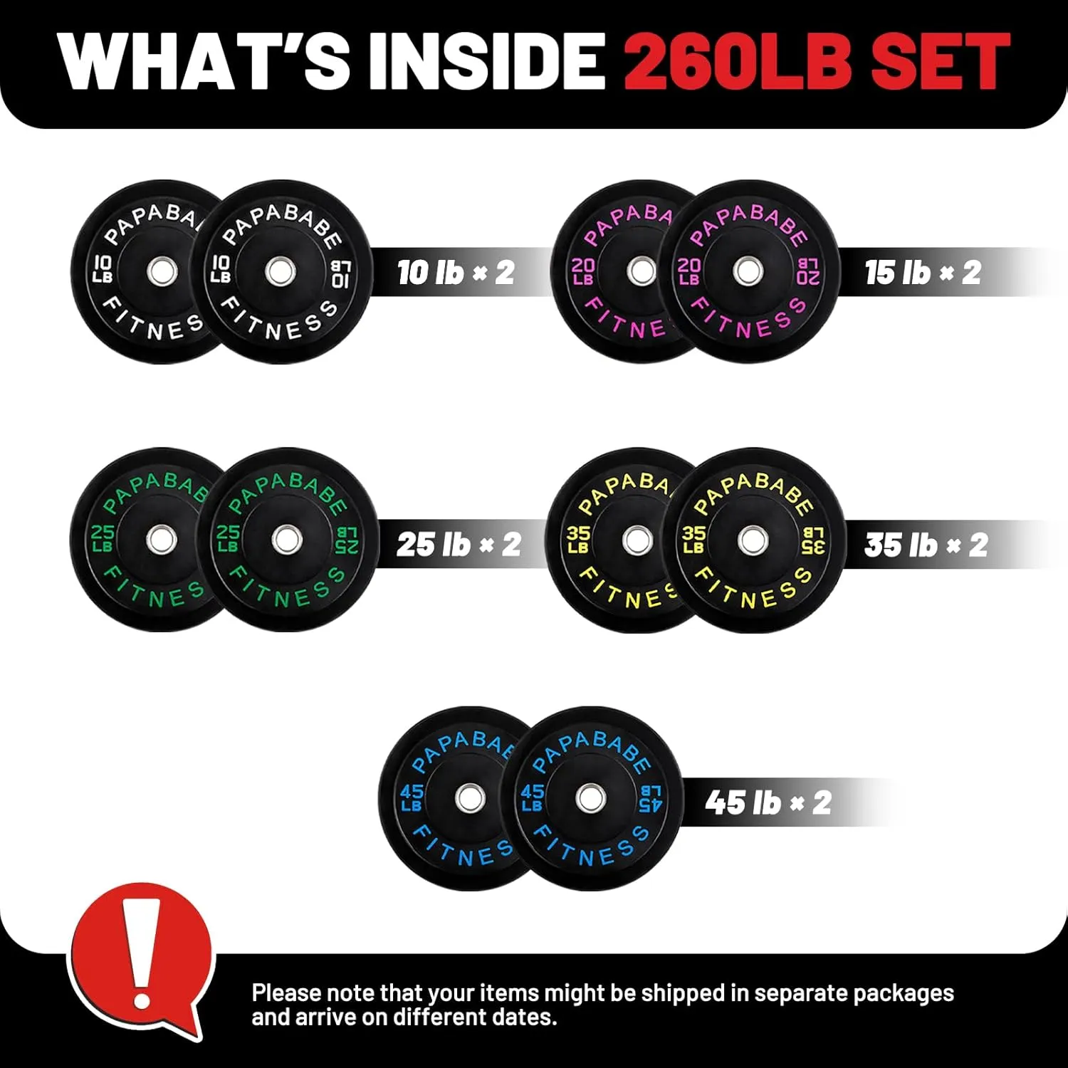 Papababe Bumper Plates 10-410lb Olympic Barbell Weight Plates Set - 2 Inch Steel Hub Rubber Weights for Strength Training & Weightlifting (IWF Standard, Single/Pair/Sets)
