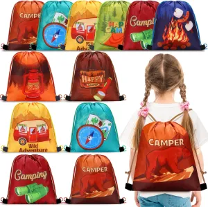 Paterr 12 Pcs Camping Party Favor Bags Camp Party Drawstring Gifts Bags Kids Camping Theme Goodie Candy Bags Camp Adventure Drawstring Backpack Happy Camper Birthday Decorations Supplies