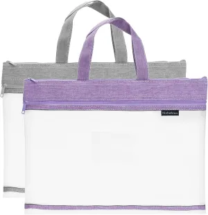 PATIKIL Nylon Document Bag with Handle 2 Pack Mesh Transparent Handbag Paper File Tote Pouch for Office, Gray, Purple