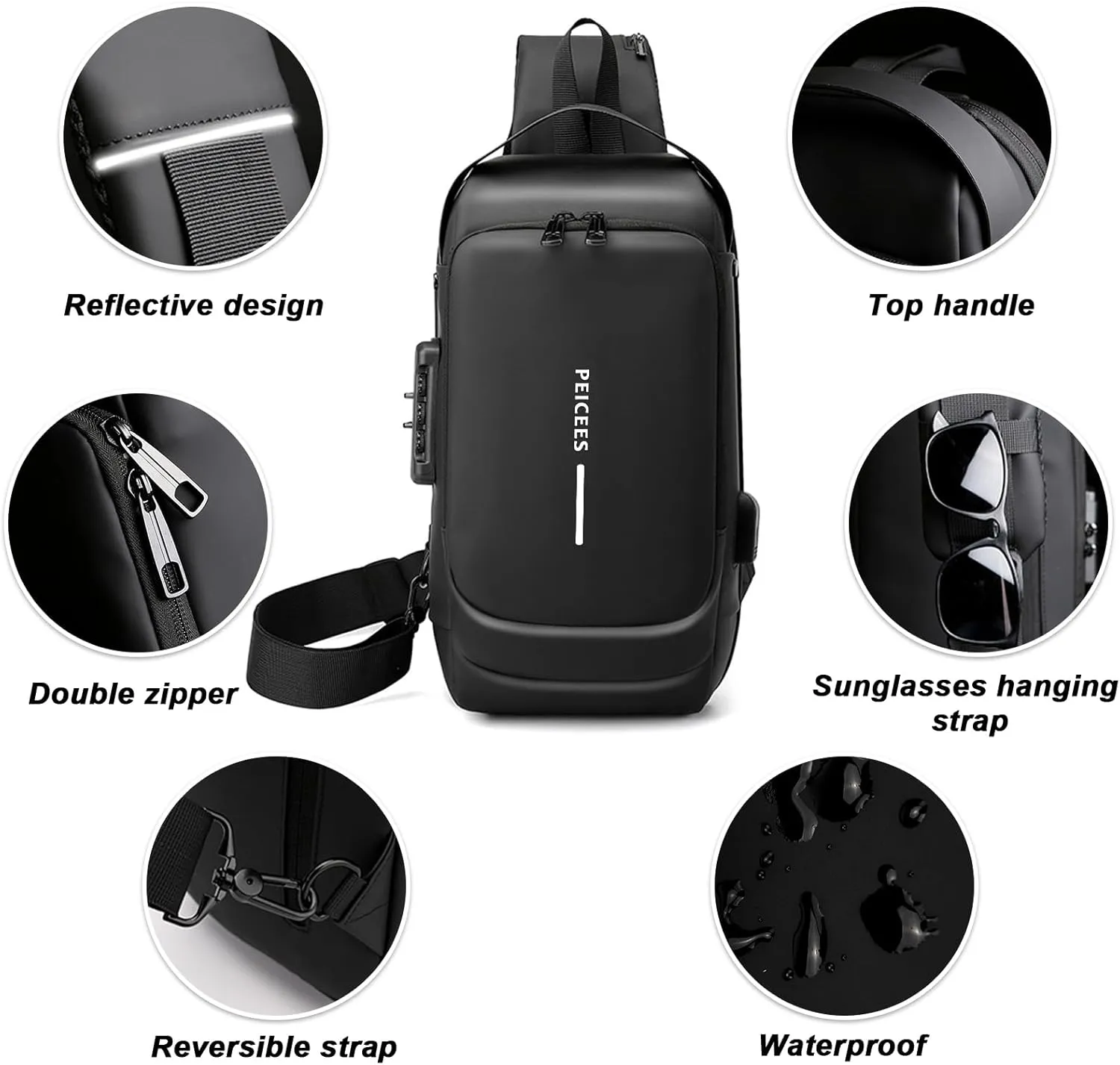 Peicees Mens Crossbody Bag Man Bags Mens Purse Anti-theft Leather Sling Bag Shoulder Bag Chest Bag for Daily Use, Black Black