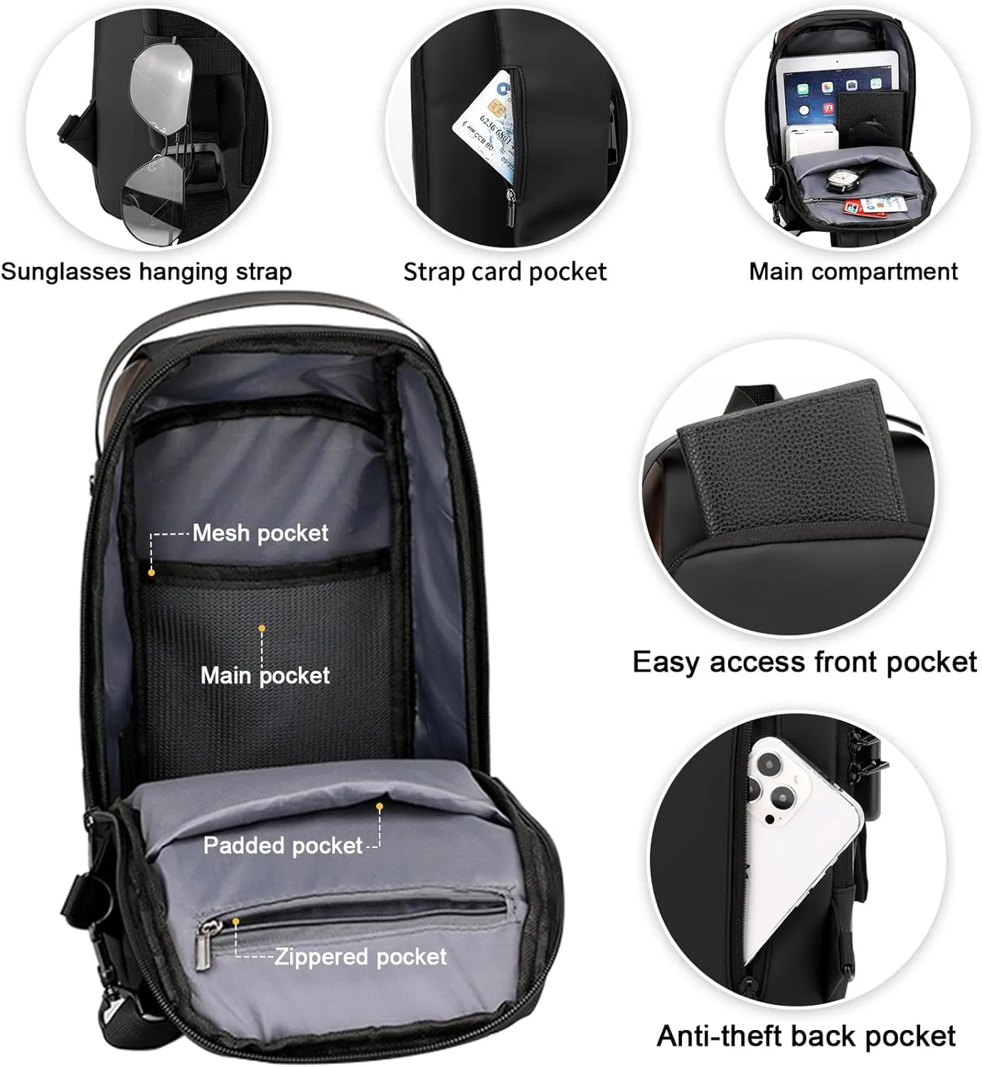 Peicees Mens Crossbody Bag Man Bags Mens Purse Anti-theft Leather Sling Bag Shoulder Bag Chest Bag for Daily Use, Black Black