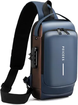 Peicees Mens Crossbody Bag Man Bags Mens Purse Anti-theft Leather Sling Bag Shoulder Bag Chest Bag for Daily Use, Blue Gold