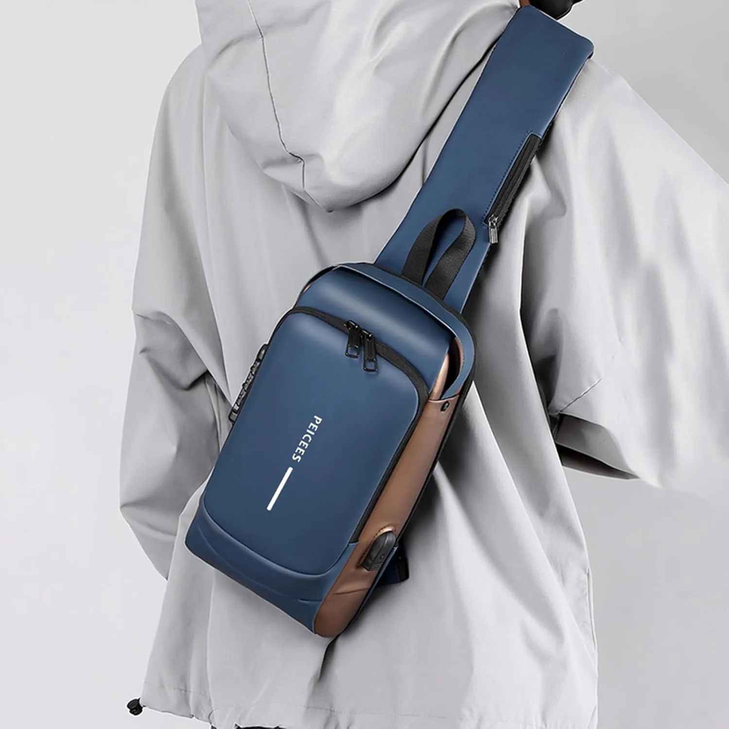 Peicees Mens Crossbody Bag Man Bags Mens Purse Anti-theft Leather Sling Bag Shoulder Bag Chest Bag for Daily Use, Blue Gold