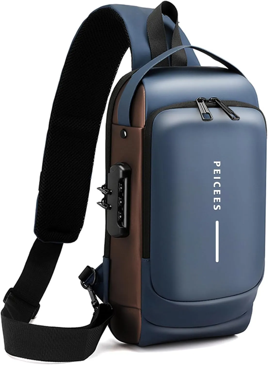 Peicees Mens Crossbody Bag Man Bags Mens Purse Anti-theft Leather Sling Bag Shoulder Bag Chest Bag for Daily Use, Blue Gold