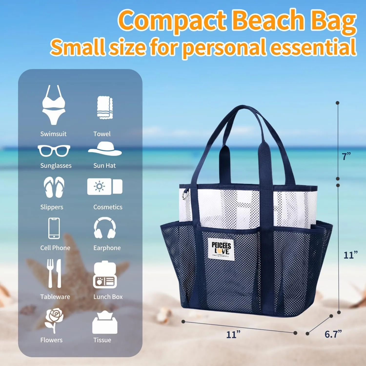 Peicees Small Mesh Beach Bag With Large Capacity Sand Resistant Lightweight Women Foldable Tote Summer Vocation Travel Pool