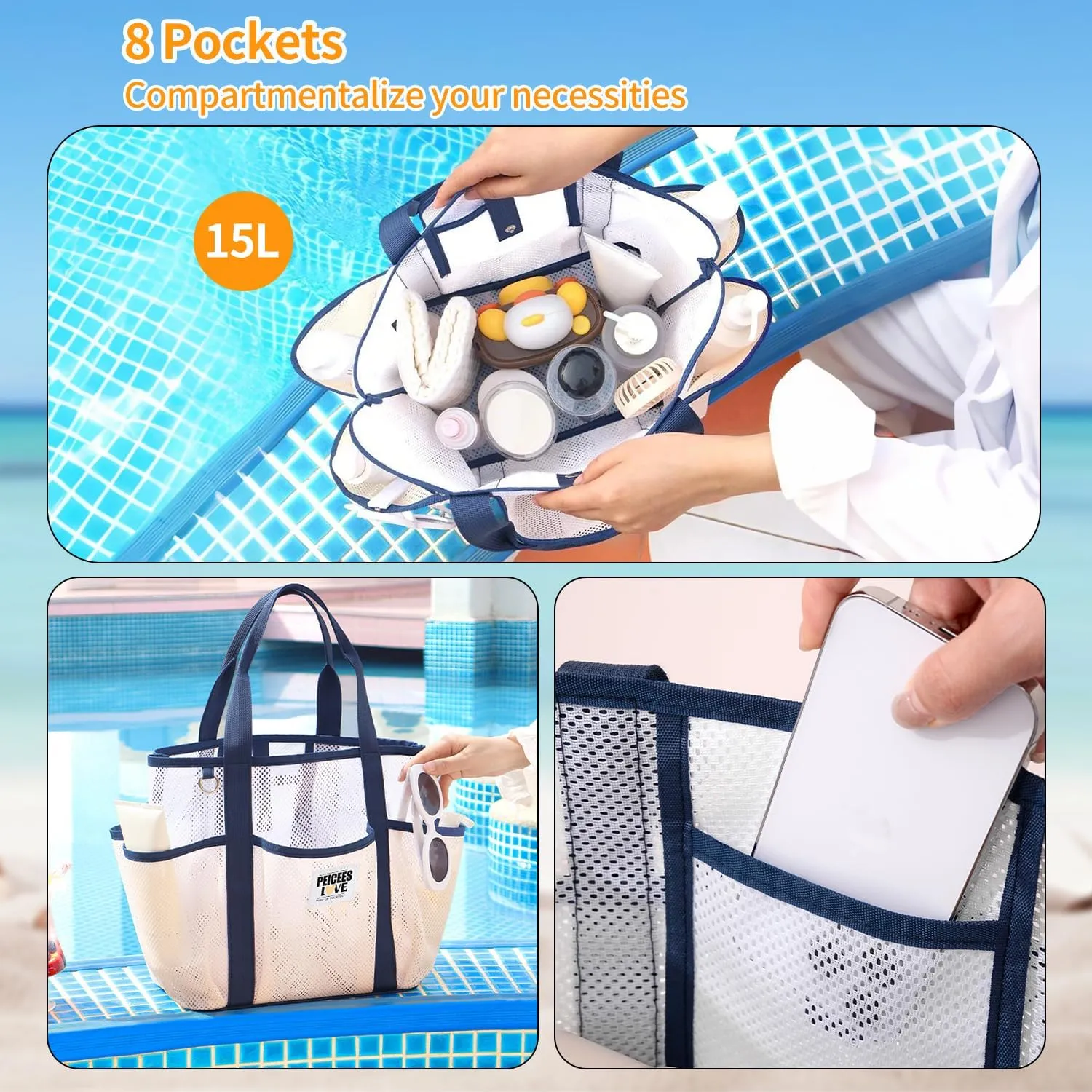 Peicees Small Mesh Beach Bag With Large Capacity Sand Resistant Lightweight Women Foldable Tote Summer Vocation Travel Pool
