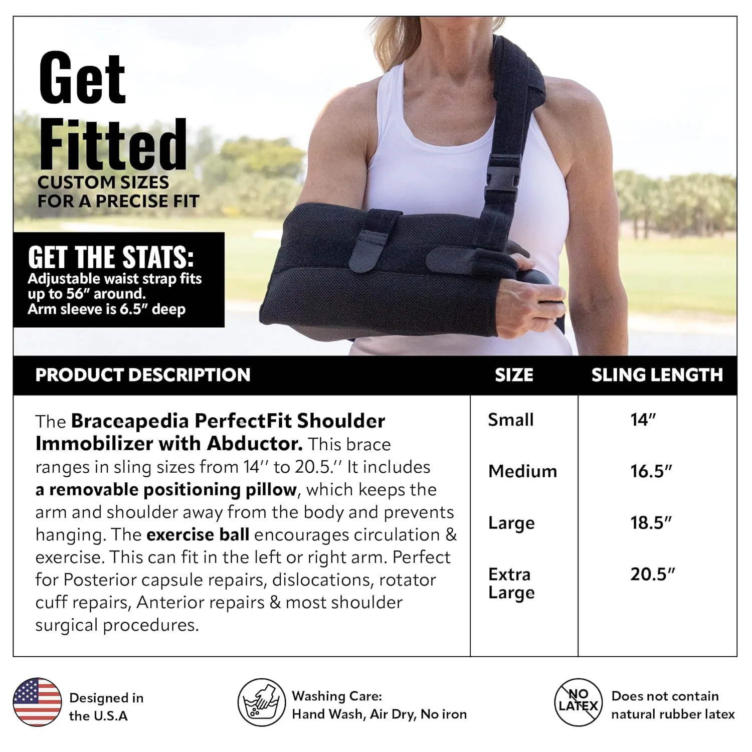 PerfectFit Arm Sling Shoulder Immobilizer with Abductor, Medical Grade Support Brace, Rotator Cuff or Surgery Recovery Sling, Shoulder Brace for Men and Women, Medium, Black