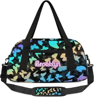 Personalized Butterfly Duffel Bag with Name Custom Travel Sports Bag for Women Men Waterproof Dance Ballet Bag Lightweight 18.5in, Blue Purple
