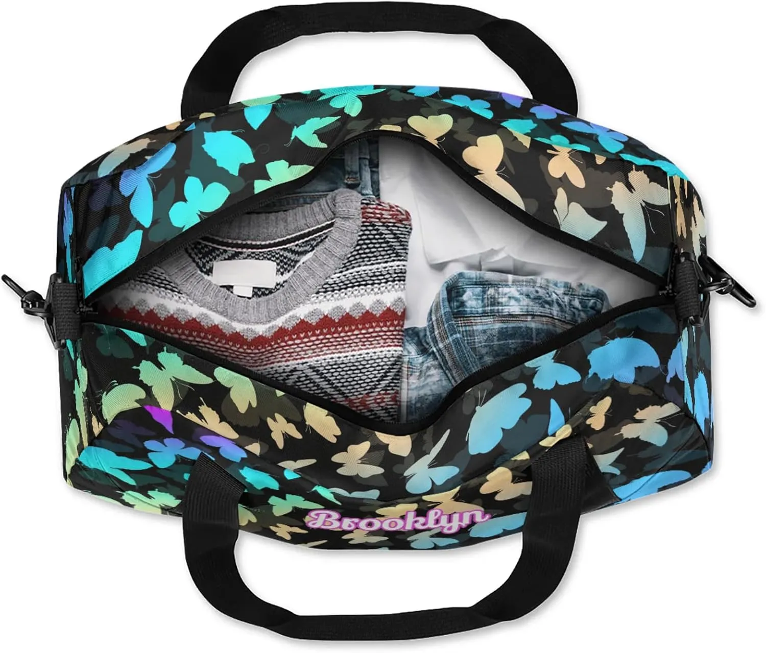 Personalized Butterfly Duffel Bag with Name Custom Travel Sports Bag for Women Men Waterproof Dance Ballet Bag Lightweight 18.5in, Blue Purple
