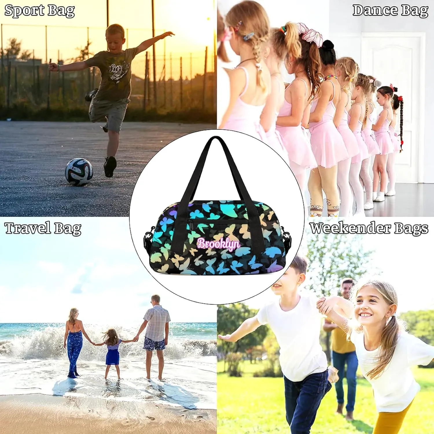 Personalized Butterfly Duffel Bag with Name Custom Travel Sports Bag for Women Men Waterproof Dance Ballet Bag Lightweight 18.5in, Blue Purple