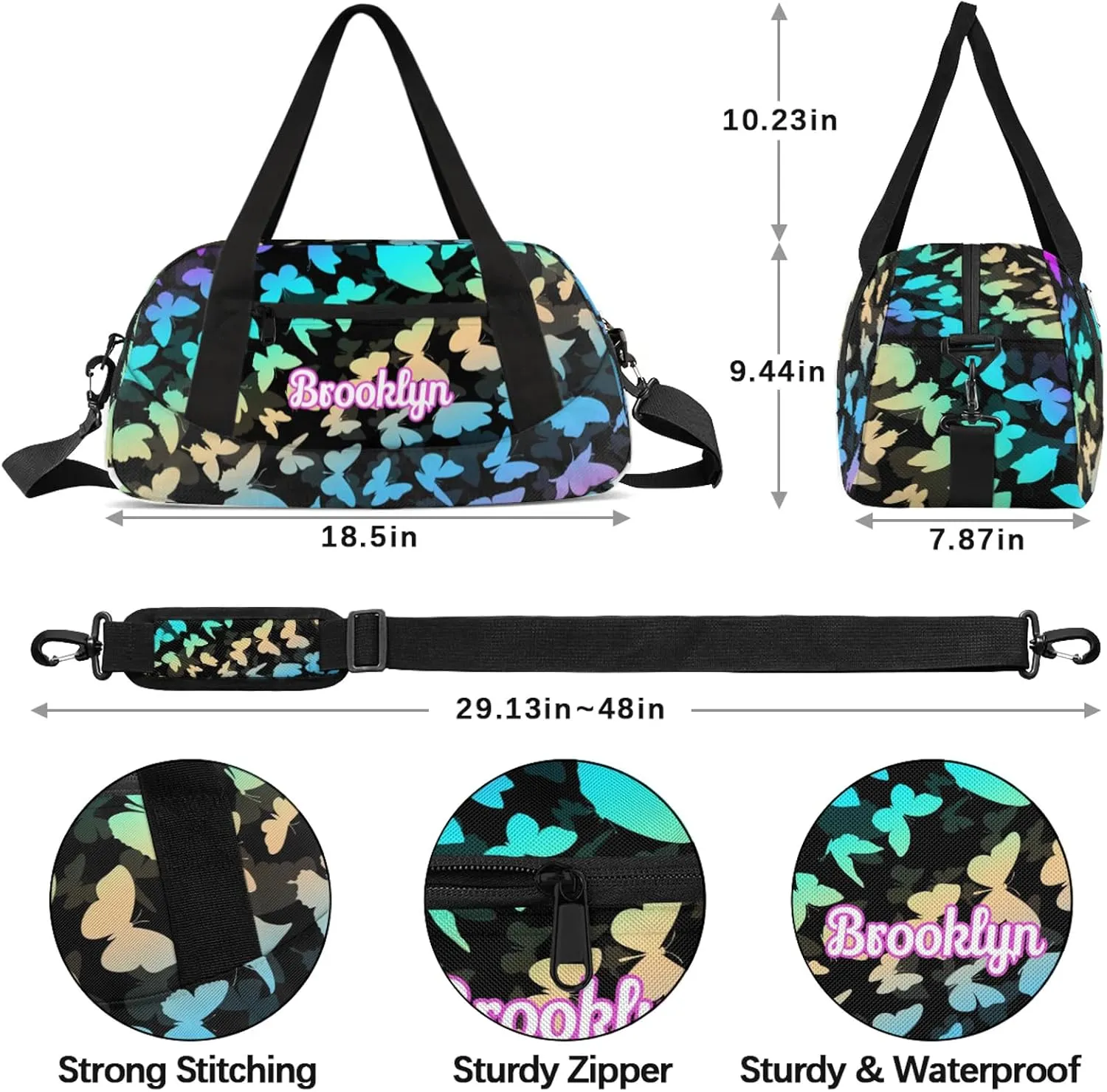 Personalized Butterfly Duffel Bag with Name Custom Travel Sports Bag for Women Men Waterproof Dance Ballet Bag Lightweight 18.5in, Blue Purple