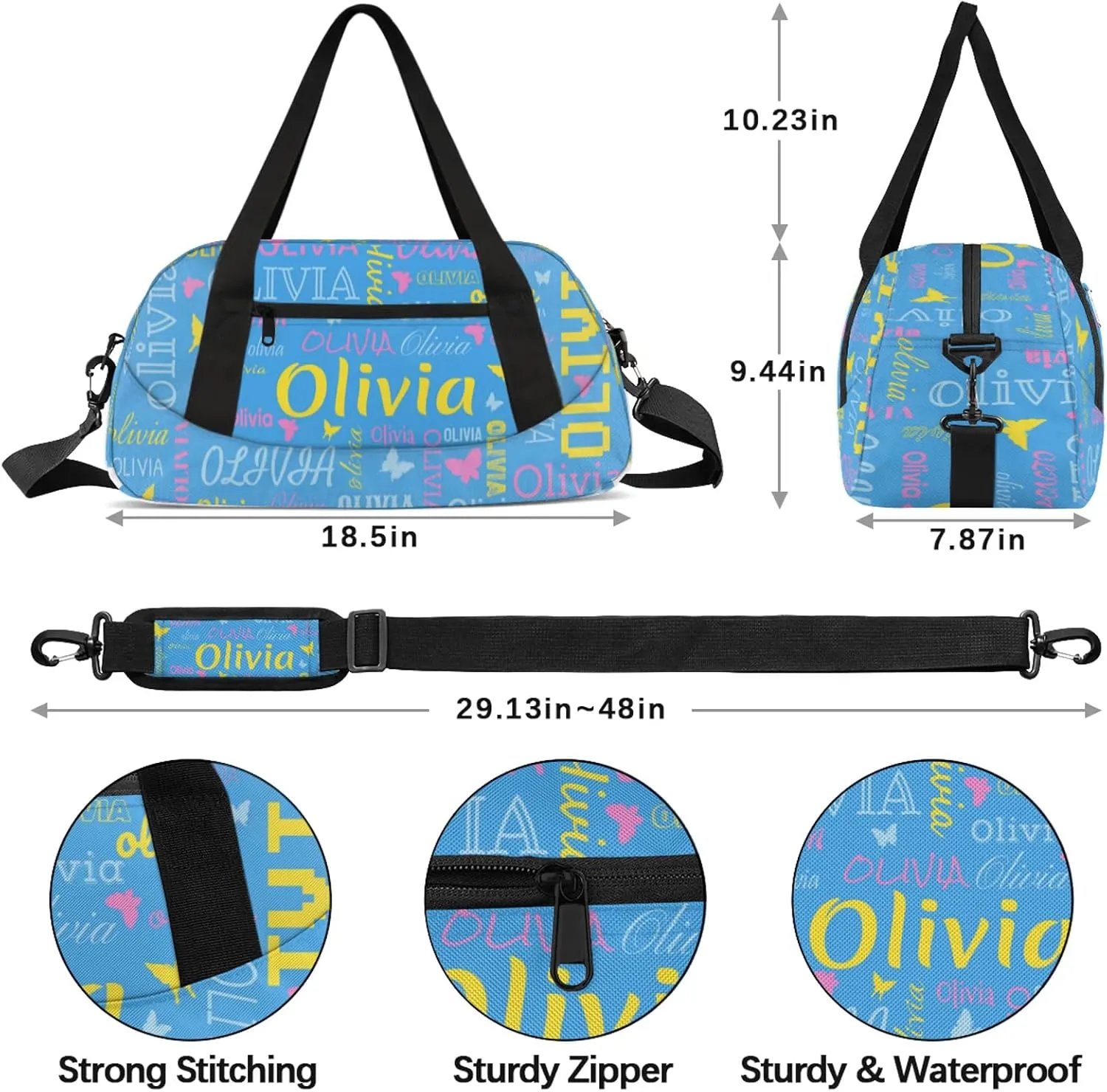 Personalized Butterfly Duffel Bag with Name Custom Travel Sports Bag for Women Men Waterproof Dance Ballet Bag Lightweight 18.5in, Blue