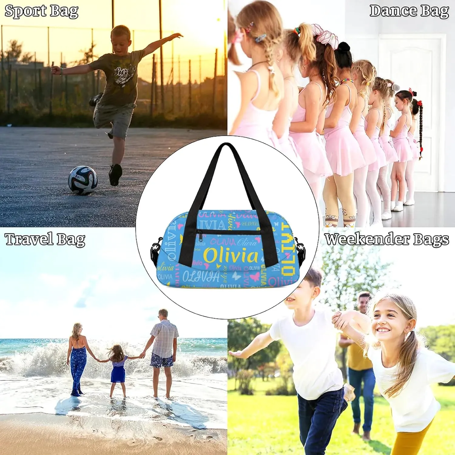 Personalized Butterfly Duffel Bag with Name Custom Travel Sports Bag for Women Men Waterproof Dance Ballet Bag Lightweight 18.5in, Blue