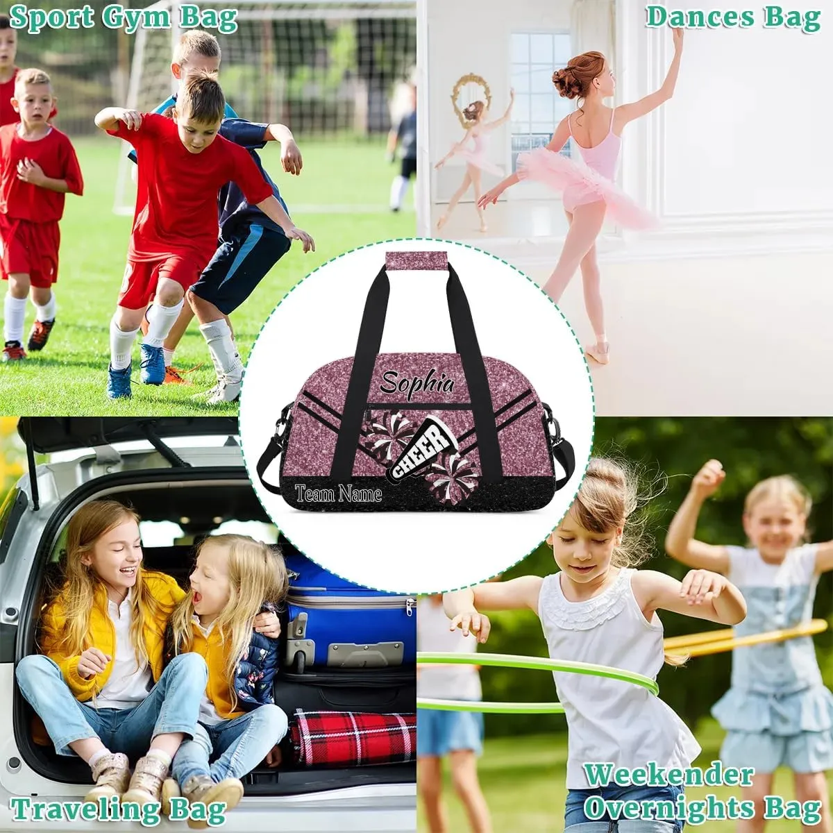 Personalized Cheer Cheerleadr Gym Duffel Bag, Custom Sport Duffle Bag, Custom Name Overnight Weekender Bag for Women Men Travel Vocation Business Trip, Dark Pink Glitter