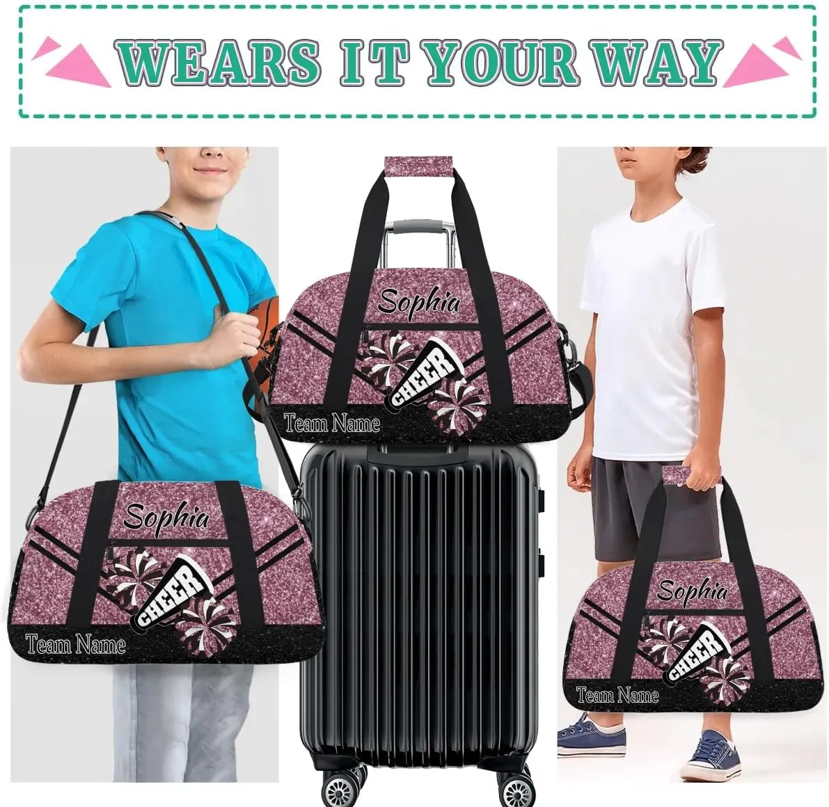 Personalized Cheer Cheerleadr Gym Duffel Bag, Custom Sport Duffle Bag, Custom Name Overnight Weekender Bag for Women Men Travel Vocation Business Trip, Dark Pink Glitter