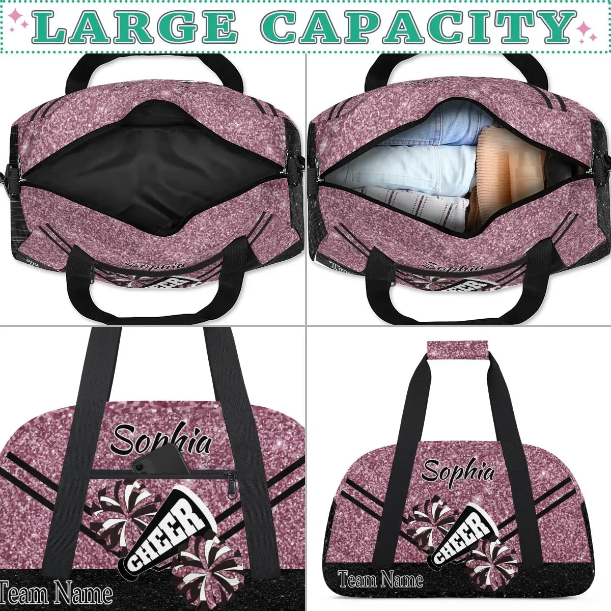 Personalized Cheer Cheerleadr Gym Duffel Bag, Custom Sport Duffle Bag, Custom Name Overnight Weekender Bag for Women Men Travel Vocation Business Trip, Dark Pink Glitter