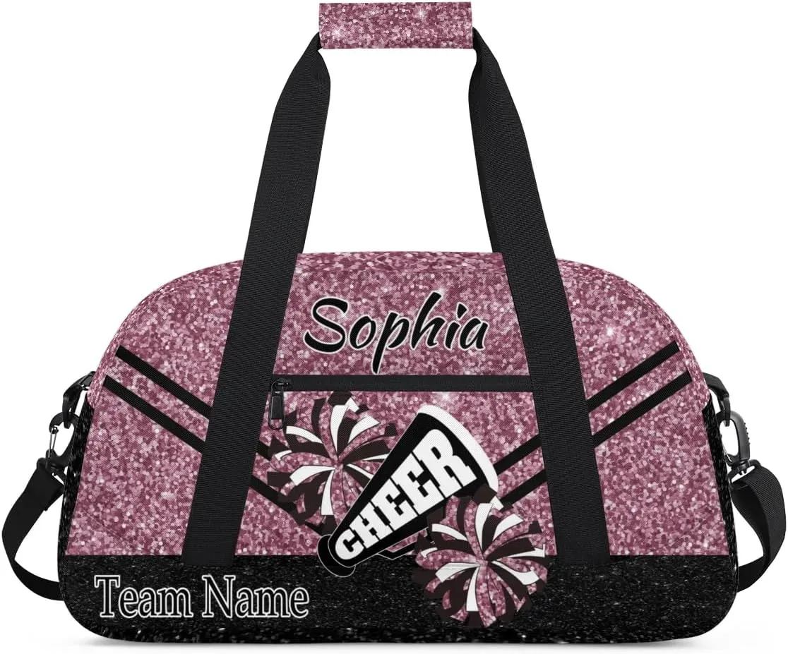 Personalized Cheer Cheerleadr Gym Duffel Bag, Custom Sport Duffle Bag, Custom Name Overnight Weekender Bag for Women Men Travel Vocation Business Trip, Dark Pink Glitter