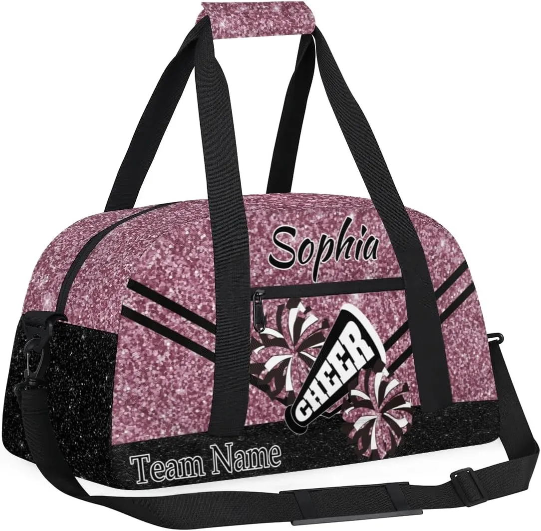 Personalized Cheer Cheerleadr Gym Duffel Bag, Custom Sport Duffle Bag, Custom Name Overnight Weekender Bag for Women Men Travel Vocation Business Trip, Dark Pink Glitter