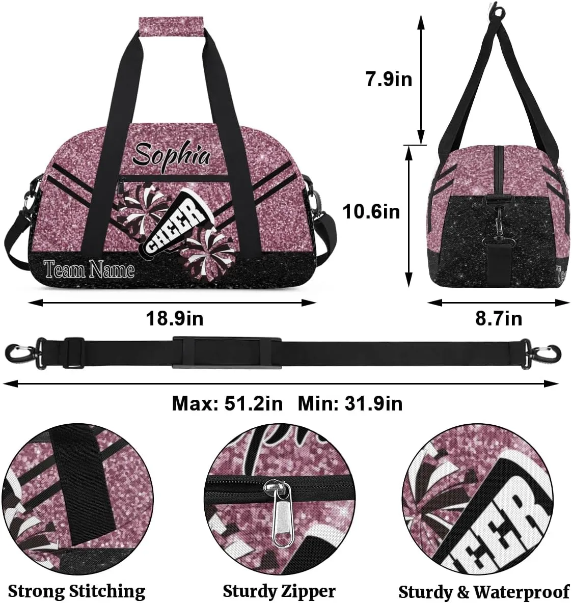 Personalized Cheer Cheerleadr Gym Duffel Bag, Custom Sport Duffle Bag, Custom Name Overnight Weekender Bag for Women Men Travel Vocation Business Trip, Dark Pink Glitter