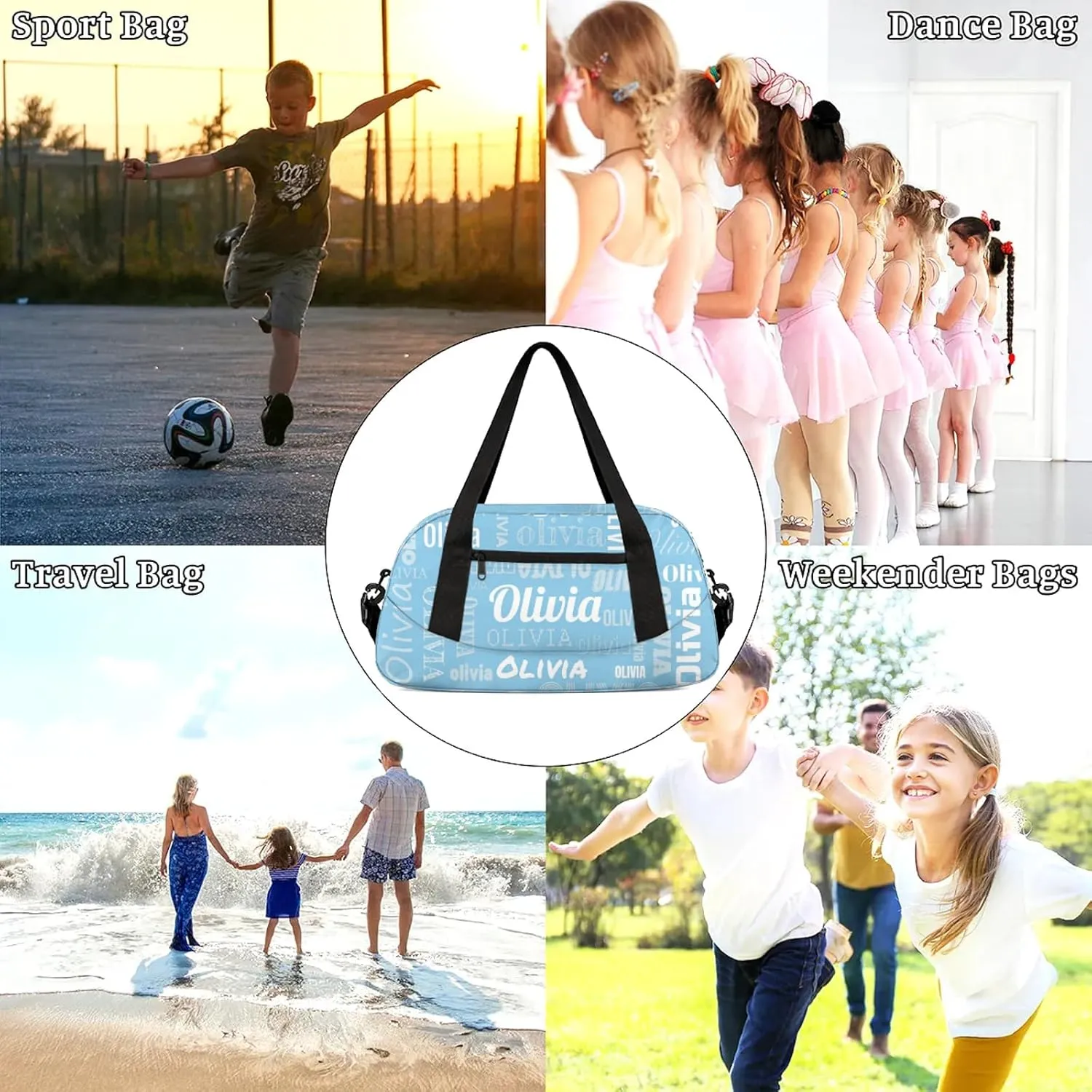 Personalized Duffel Bag with Name Custom Travel Sports Bag for Women Men Waterproof Dance Ballet Bag Lightweight 18.5in, Sky Blue