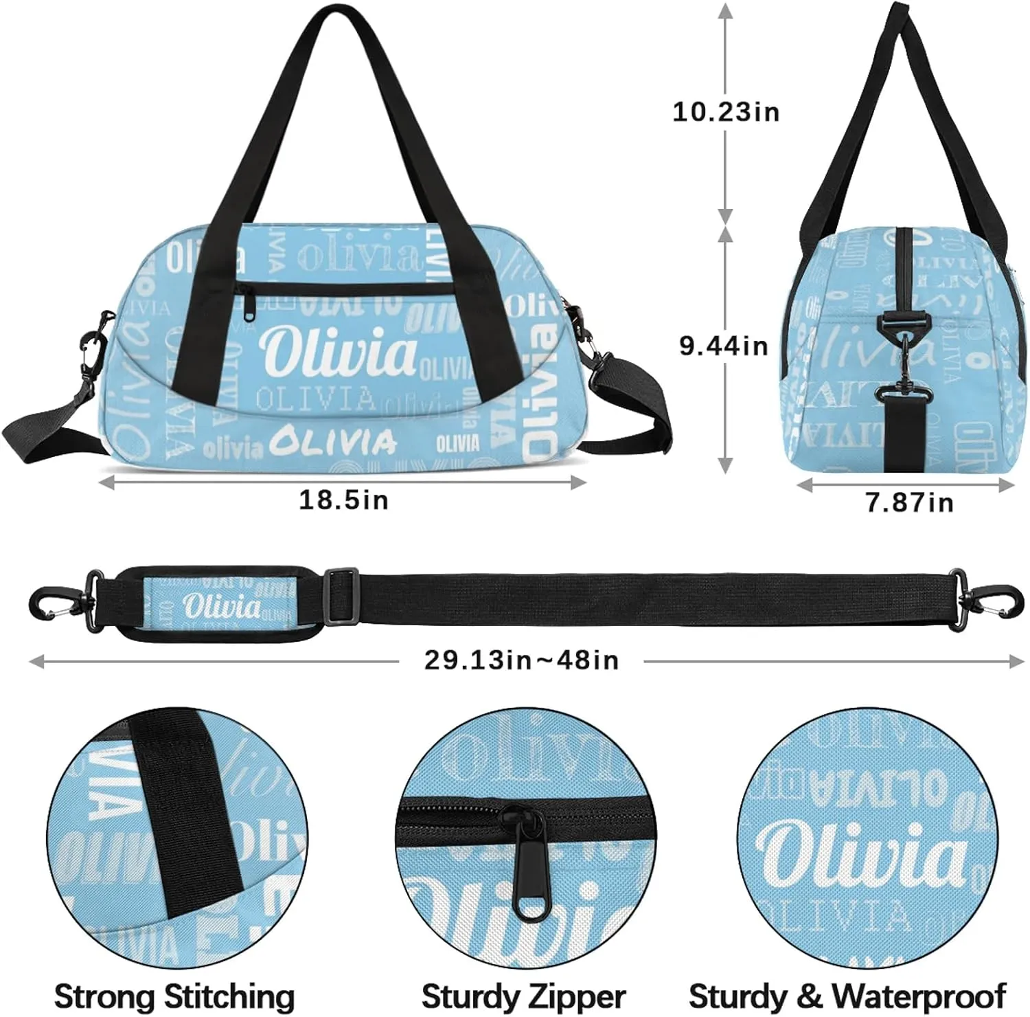 Personalized Duffel Bag with Name Custom Travel Sports Bag for Women Men Waterproof Dance Ballet Bag Lightweight 18.5in, Sky Blue