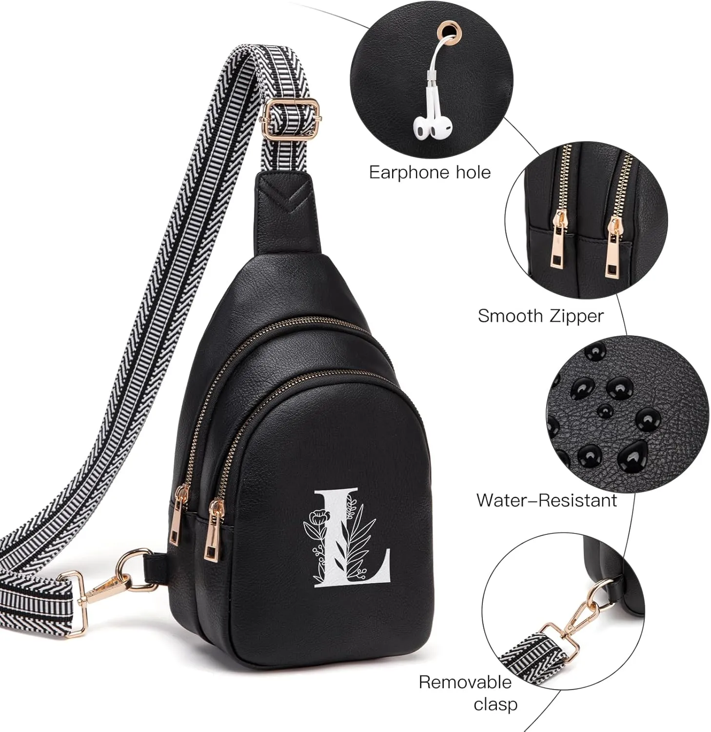 Personalized Gifts for Women Initial Sling Bag PU Leather Crossbody Bags for Women Fanny Pack Cross Body Chest Bag for Travel (Black-L)