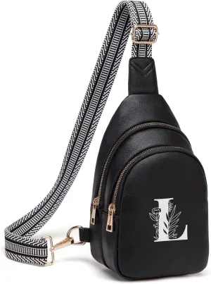 Personalized Gifts for Women Initial Sling Bag PU Leather Crossbody Bags for Women Fanny Pack Cross Body Chest Bag for Travel (Black-L)
