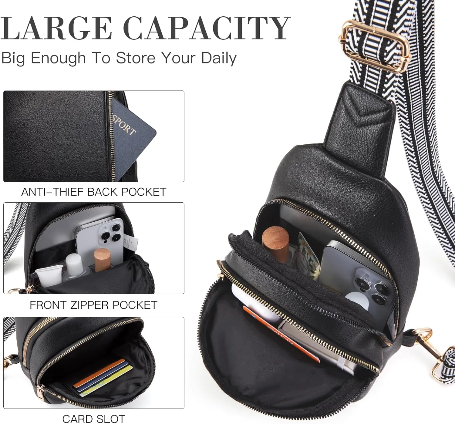 Personalized Gifts for Women Initial Sling Bag PU Leather Crossbody Bags for Women Fanny Pack Cross Body Chest Bag for Travel (Black-L)