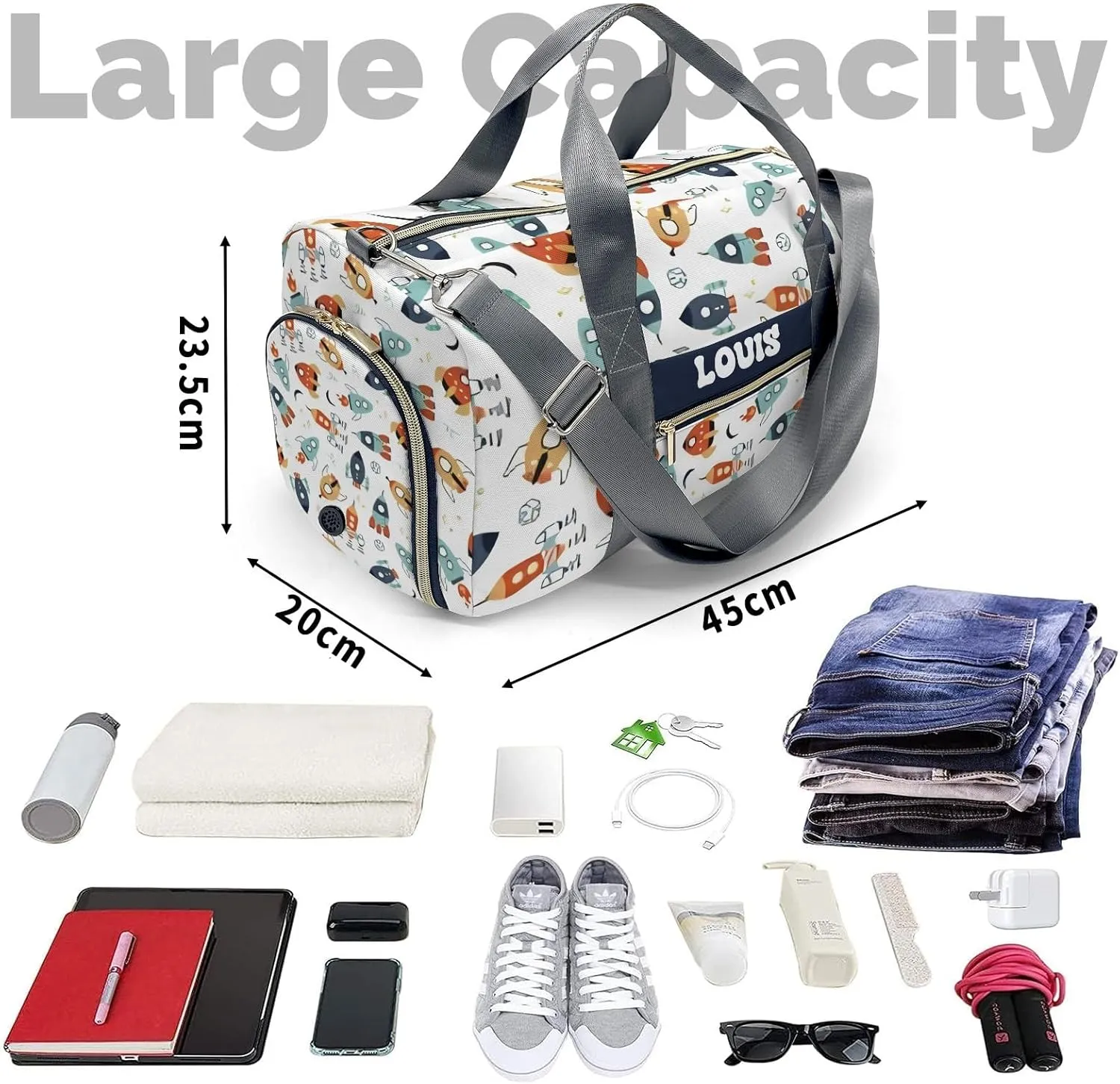 Personalized Gym Bag,Custom Name Space Cartoon Rockts Sport Duffel Bag Weekender Carry On Travel Duffel Bag