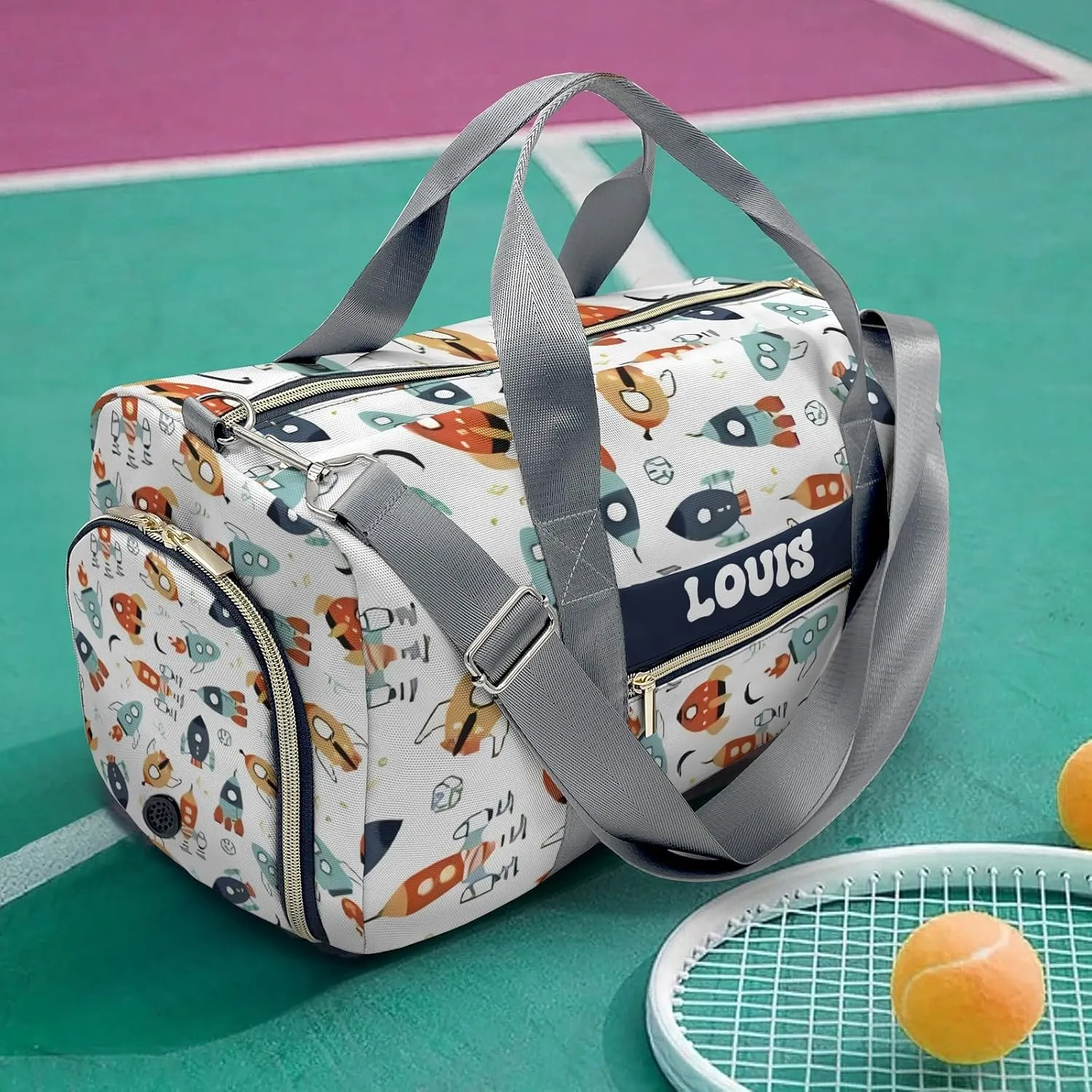 Personalized Gym Bag,Custom Name Space Cartoon Rockts Sport Duffel Bag Weekender Carry On Travel Duffel Bag