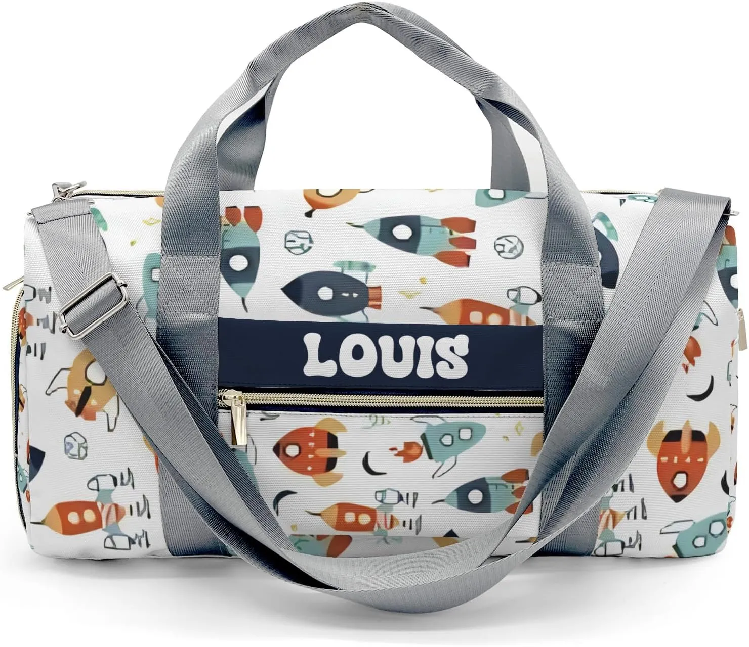 Personalized Gym Bag,Custom Name Space Cartoon Rockts Sport Duffel Bag Weekender Carry On Travel Duffel Bag