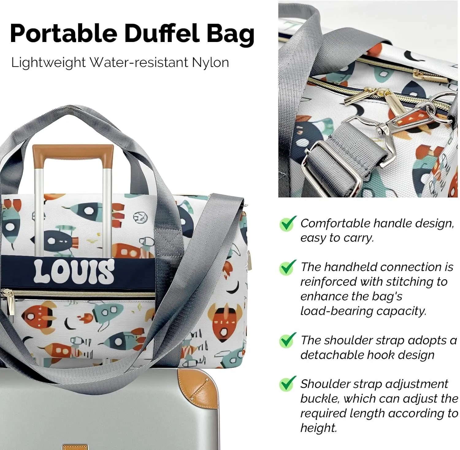 Personalized Gym Bag,Custom Name Space Cartoon Rockts Sport Duffel Bag Weekender Carry On Travel Duffel Bag