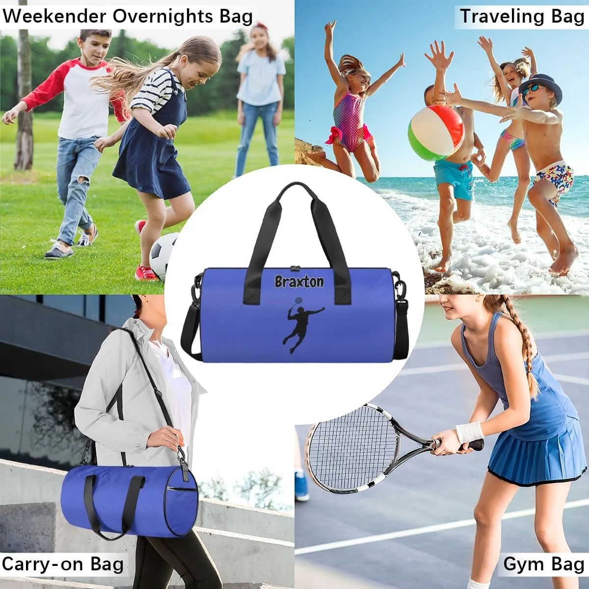 Personalized Kids Sport Duffel Bag with Custom Name Carry On Sleepover Weekender Travel Bag - Badminton